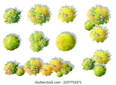 Vector acuarela de la vista floreciente de la parte superior del árbol aislado sobre fondo blanco para el plano paisajístico y el dibujo arquitectónico, elementos para el medio ambiente y el jardín, elementos botánicos, flores florecientes en otoño