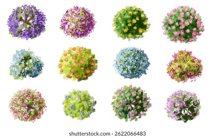 Vector watercolor of blooming tree top view isolated on white background for landscape plan and architecture drawing, elements for environment and garden,botanical elements ,blooming flower in spring