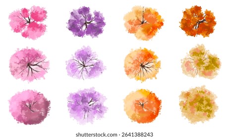 Vector watercolor of blooming tree top view isolated on white background for landscape plan and architecture drawing, elements for environment and garden,botanical elements ,blooming flower in spring