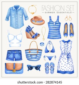 Vector watercolor blue, brown and white nautical fashion set of woman's summer clothes and accessories. Vintage hand drawn romantic outfit with dress, tops, shirt and swimsuit