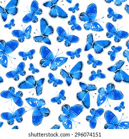 Vector Watercolor Blue Butterflies. Seamless Pattern. Watercolor Texture. White Background