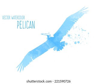 Vector watercolor blue flying pelican 