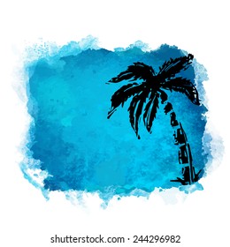 Vector watercolor blue grunge geometric square paint stain with splash and hand drawn coconut palm tree closeup black silhouette. Painted frame design. Bright colors. Abstract art