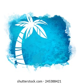 Vector Watercolor Blue Grunge Geometric Square Paint Stain With Splash And Hand Drawn Coconut Palm Tree Closeup White Silhouette. Painted Frame Design. Bright Colors. Abstract Art