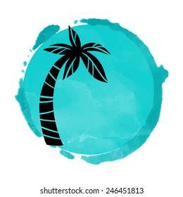 Vector watercolor blue grunge geometric circle paint stain with splash and hand drawn coconut palm tree closeup black silhouette. Painted frame design. Bright colors. Abstract art