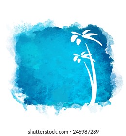 Vector watercolor blue grunge geometric square paint stain with splash and hand drawn sketch coconut palm trees closeup white silhouettes. Painted frame design. Bright colors. Abstract art