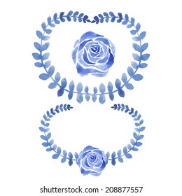 vector watercolor blue gzel leaf and rose wreath background. business identity template for card, brochure, booklet, envelope, presentation, visualization, branding.