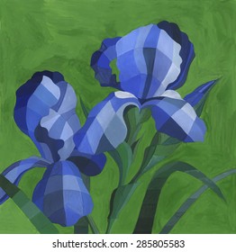 Vector watercolor blue iris flowers on green background. Colorful decorative hand drawn iris background.