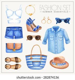 Vector watercolor blue jeans fashion set of woman's summer clothes and accessories. Vintage hand drawn hipster outfit with shirt, hat, shorts and top 