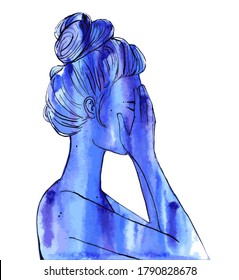 Vector watercolor blue profile of a sad crying woman isolated on white background