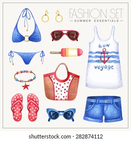 Vector watercolor blue, red and white fashion set of woman's summer clothes and accessories. Vintage hand drawn beach outfit with jeans shorts, top and bikini