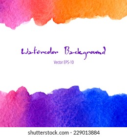 vector watercolor blue, violet, pink and orange gradient background with horizontal center copy space