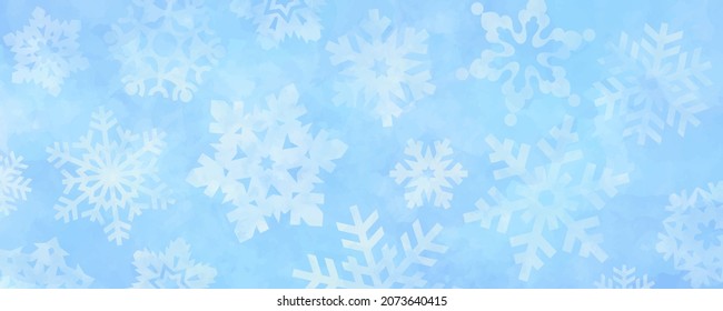 Vektorwasserfarbe blau-weiße Textur für Karten. Schneeflocken. Handgezeichnete Vektorstruktur. Farbbanner in Pastellfarben. Schnappschüsse. Weihnachtshintergrund. Vorlage für Design. Frohe Weihnachten!	