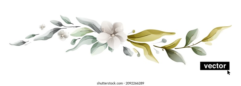 Botanisches Wellenmuster der Vektorwasserfarbe, Blätter und Knospen. Kräuterzusammensetzung für Hochzeitskarten oder Grußkarten. Frühlingsgrenze mit Eukalyptusblättern, Bouquet-Elementen, üppige Laub-Illustration.