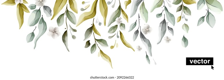 Vector watercolor botanical, leaf, and buds abstract top pattern. Herbal composition for wedding or greeting cards. Spring art with eucalyptus leaves, bouquet elements, lush foliage illustration.