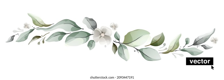 Vector watercolor botanical, leaf, and buds wave pattern. Herbal composition for wedding or greeting cards. Spring border with eucalyptus leaves, bouquet elements, lush foliage illustration.