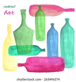 vector watercolor bottle, cocktail bar