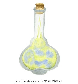 Vector watercolor bottle of magic potion. Witchcraft glass bottle. Alchemy elixir in glass flask. Hand drawn illustration of witch poison.