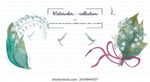 Vector watercolor  a bouquet of lilies of the valley adorned with ribbons, a red bow, and delicate dragonflies on a light gingham background. Perfect for spring celebrations and special occasions