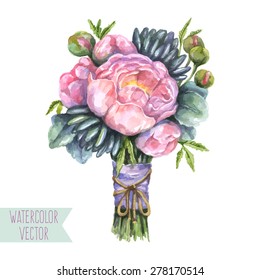 Vector watercolor bouquet of peony, succulents and buds; floral composition for you design