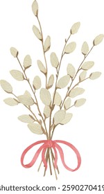 Vector Watercolor Bouquet of willow branches, tied with red ribbon, bow, Easter,  for Printable Cards invitations greeting cards vector