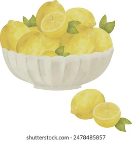 Vector Watercolor bowl with lemons. Pile of lemons, Illustrations for creative cooking, invitation, greeting cards, birthday, event, holiday, menu; cooking class; Master Class