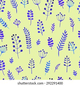 Vector watercolor branch pattern. Seamless. Bright blue flowers on green background.