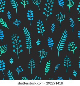 Vector watercolor branch pattern. Seamless. Bright blue flowers on black background.