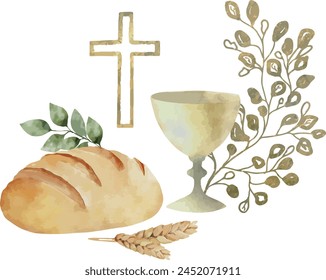 Vector watercolor bread, chalice, grape, goldgolden cross, olive branch. Baptism, ceremony, greeting cards, invitation, wedding card, save the date and celebration, anniversary and birthday, party, ev