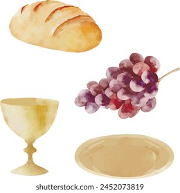 Vector watercolor bread, chalice, grape, golden plate. Baptism, ceremony, greeting cards, invitation, wedding card, save the date and celebration, anniversary and birthday, party, event, holiday.