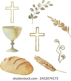 Vector watercolor bread, chalice, grape, golden cross, olive branch. Baptism, ceremony, greeting cards, invitation, wedding card, save the date and celebration, anniversary and birthday, party, event.