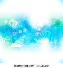 Vector watercolor bright blue background. Underwater with seashells and starfish
