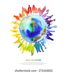 Vector watercolor bright Earth on white backdrop. Hand drawing planet illustration. Earth day.