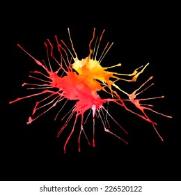 Vector watercolor bright flowing splash modern abstract background on black for a stylish cover, card, invitation, business card and banner