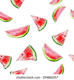 Vector watercolor bright  watermelon seamless pattern with slices