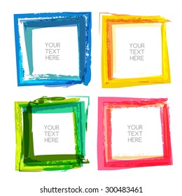 Vector watercolor brush background. Set of multicolor abstract square frames with place for text. Banner, flyer, sticker, tag backdrop.