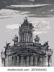 Vector watercolor brush drawing of ancient cathedral against cloudy sky
