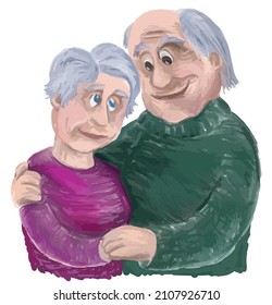 Dibujo de pincel de acuarela vectorial de pareja de cónyuges mayores abrazándose de manera ordenada
