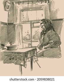 Vector watercolor brush drawing of old waoman sitting by window in her rural house