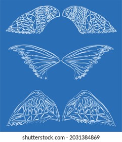 Vector watercolor brush drawings of abstract mythological angel wings