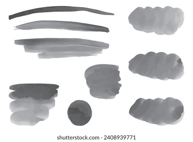 Vector watercolor brush hand drawn  strokes. Set of vector gray color watercolor stains isolated on white background.  Paintbrush set template. 