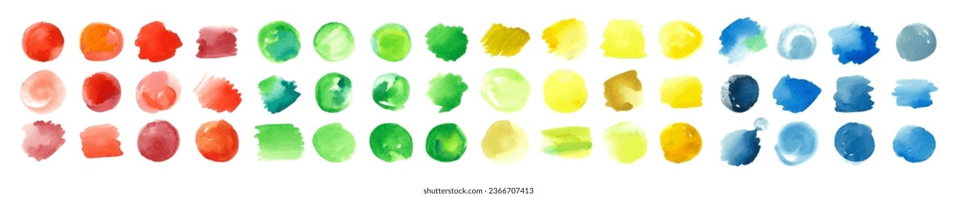 Vector watercolor brush painted circles. Colorful stains, splashes, daubs. Watercolor texture round blots collection. Red, yellow, blue and green color organic shape spots isolated on white background
