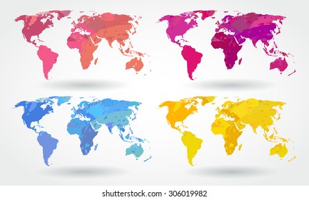 Vector watercolor brush stained world map icons