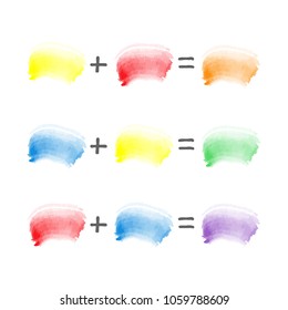 vector watercolor brush strokes sampler - color theory - red, blue and yellow combination - mixing primary to secondary shades