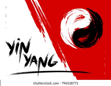 Vector watercolor brush yin yang symbol of harmony and balance. Black and white on red background illustration