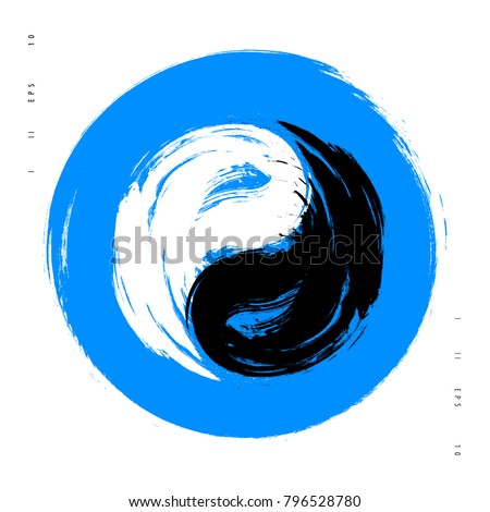 Vector watercolor brush yin yang symbol of harmony and balance. Black and white on blue background illustration