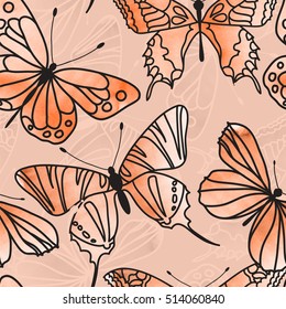 Patrón sin fisuras de la mariposa de la acuarela del Vector con color naranja. Fondo para su impresión de diseño en camiseta, Fondo de pantalla, tela, scrapbooking y etc