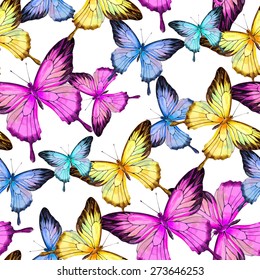 Vector Watercolor Butterfly The Ulysses butterfly Papilio ulysses. Seamless Pattern. Bright Summer Background