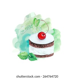 vector watercolor cake with cherry and mint.   It can be used for card, postcard, cover, invitation, wedding card, mothers day card, birthday card, menu, recipe