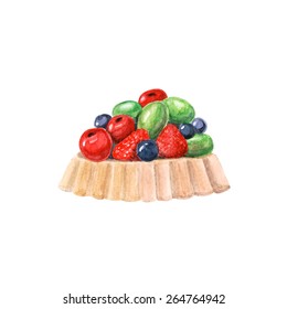 vector watercolor cake with fruits and berries. It can be used for card, postcard,  invitation, wedding card, mothers day card, birthday card, menu.